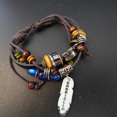 Gabriella Personalized Boho Bracelet Leather Stack Hippie Indie Name Blue Beads