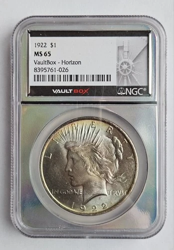 1922 NGC MS65 Silver Peace Dollar - Toned In Vaultbox Holo Core