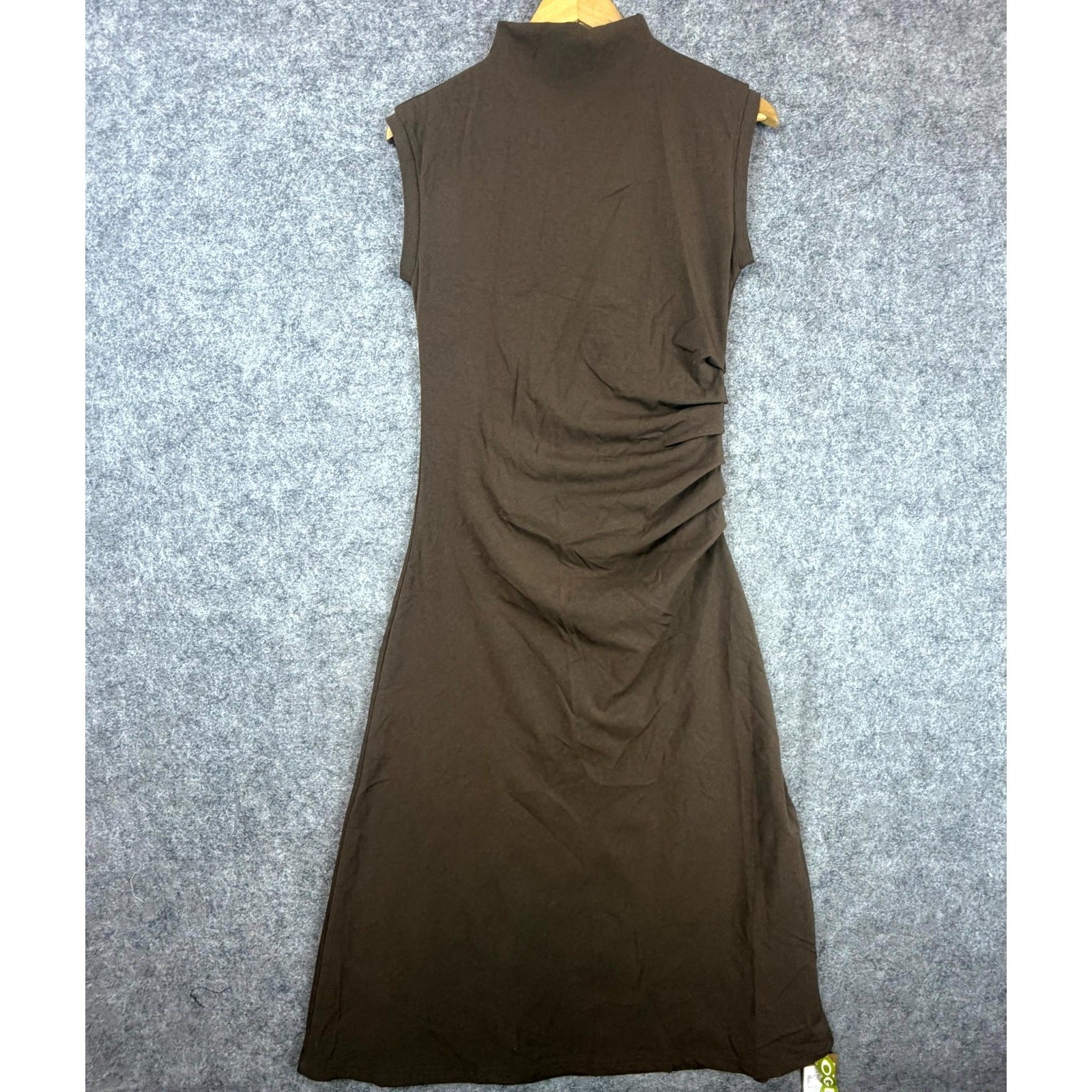 OGL Move Tucks Midi Dress Womens Medium Brown Stretch Sleeveless Party Mock Neck