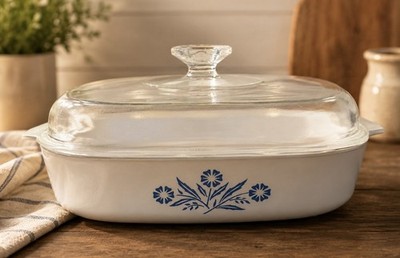 Vintage 1972-79 Blue Cornflower A-10-B Corning Ware Dish w/ Pyrex A-12-C Lid