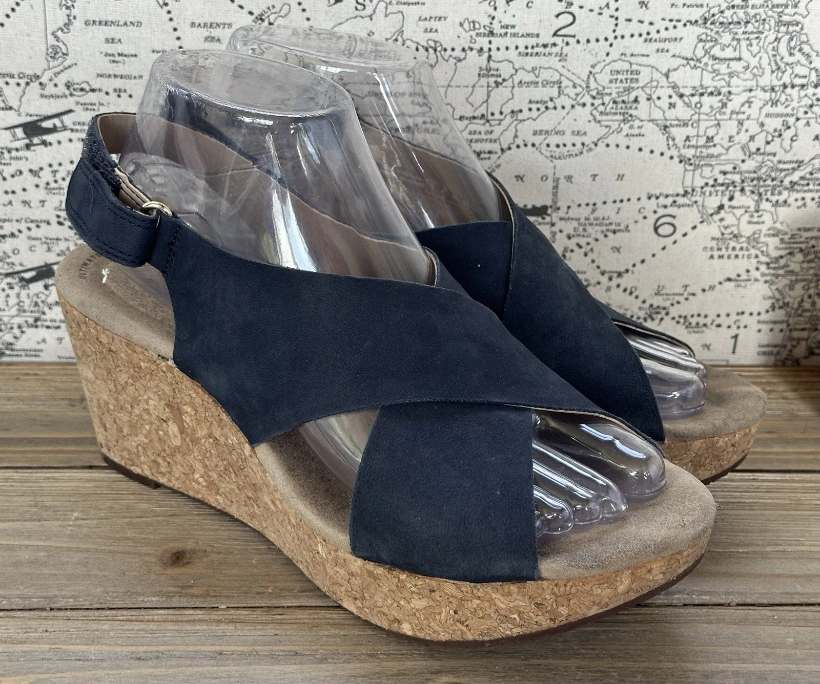 Clarks Sandali con zeppa in sughero blu estivi punta aperta pelle donna 8 5 M