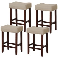 Set of 4 Bar Stools Counter Height Saddle Kitchen Chairs w/ Wooden Legs Beige