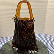 Vintage Art Hand Blown Glass Mrno Style Purse Handbag Vase 11.5  Tall, See Pics 