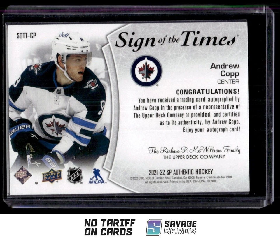 2021-22 SP Authentic Sign of the Times Auto Andrew Copp #SOTT-CP Winnipeg Jets - Image 2 of 3