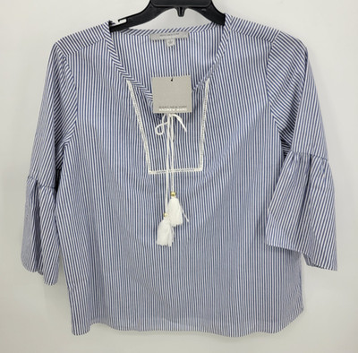 Andrew Marc top Womens Large Blue White Stripe Bell Sleeve Tassel Tie Boho