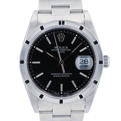 Rolex Unisex Date 15010 34mm Steel Black Index Oyster Band Watch w/Box & Paper