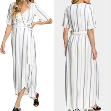 ROXY Keep The Tempo Maxi Dress Size Large AU12 White Blue Wrap Picnic