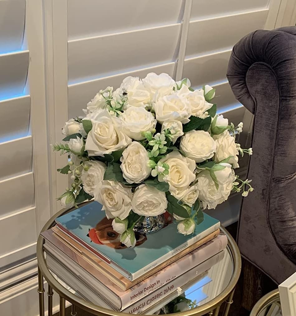 4 Bundles Artificial Peonies Silk Flowers, White Faux Peony Bouquet Florals A...