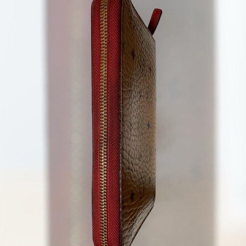 MCM Brown Leather Long Wallet Red Zipper Logo Print Used Condition - Picture 3 of 10