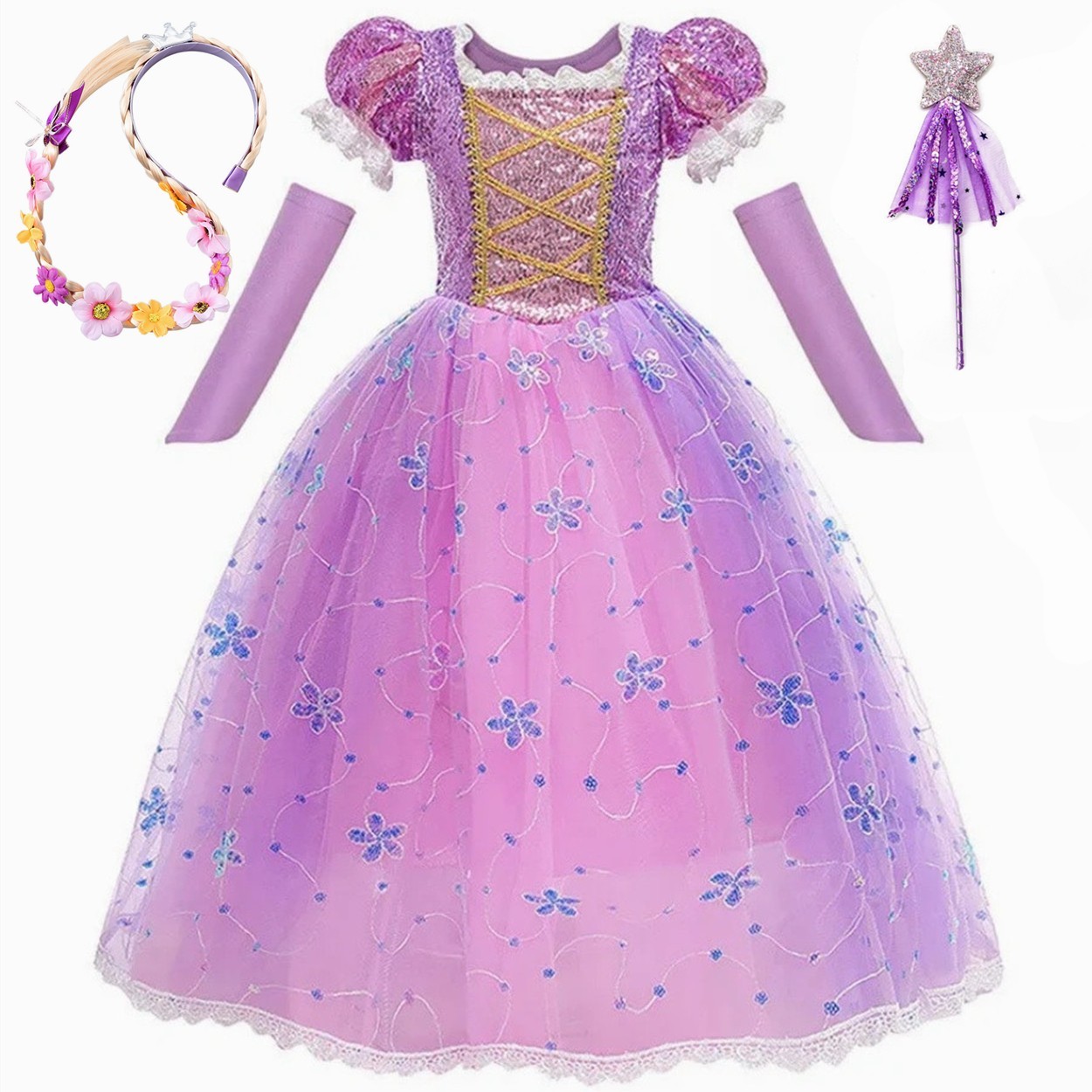 Niñas Rapunzel Vestido Elegante Princesa Disfraz y Accesorios para Halloween Cumpleaños