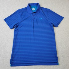 Under Armour HeatGear Polo Mens Medium Loose Performance Blue Striped Logo Shirt