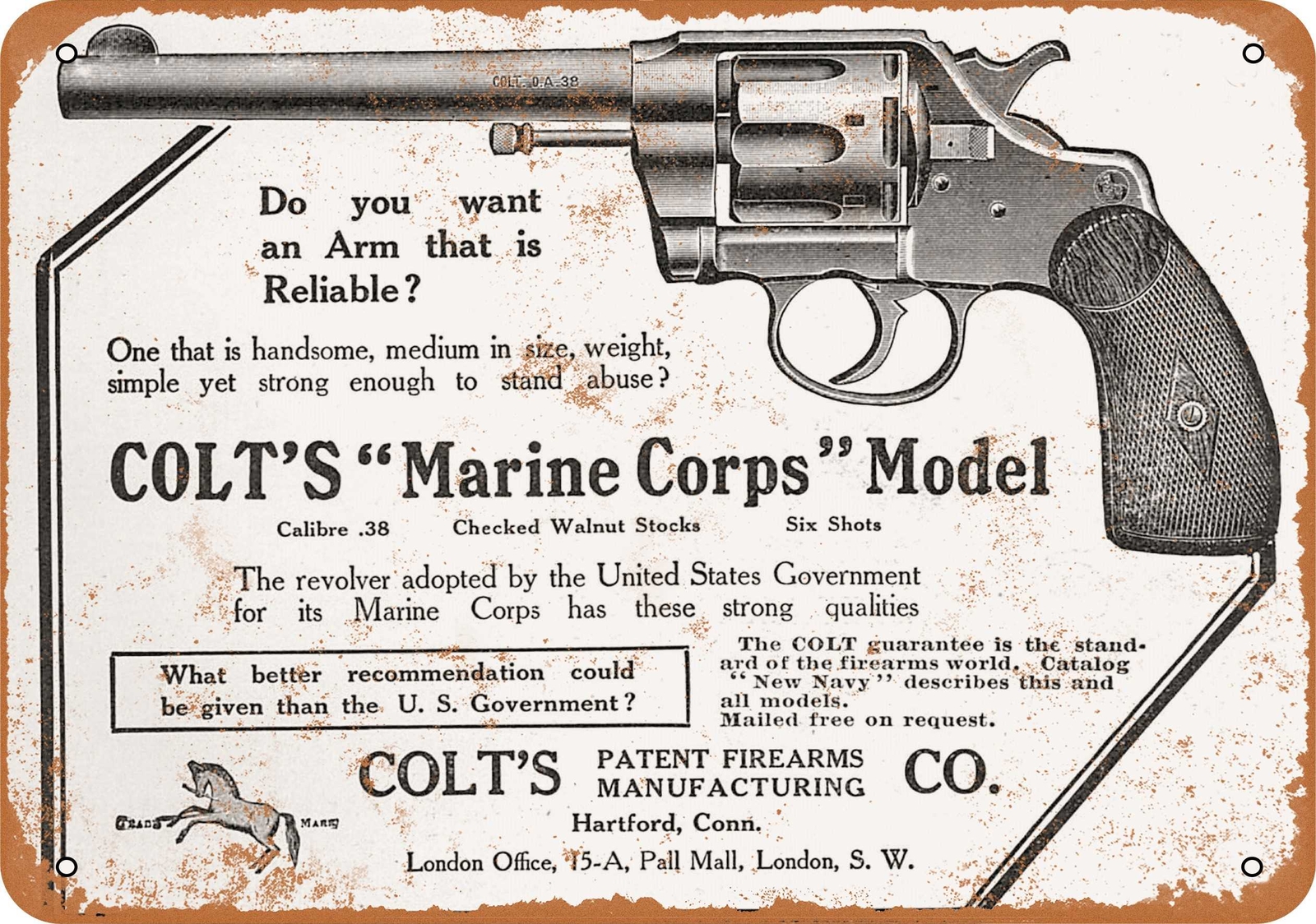 Vintage 1905 Colt Marine Corps Model .38 Revolver Metal Sign