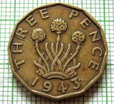 GREAT BRITAIN GEORGE VI 1943 THREEPENCE 3 PENCE, BRASS WWII COINAGE