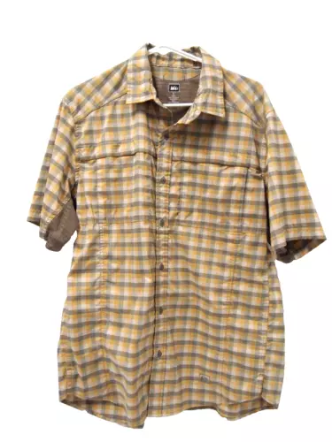REI Mens Shirt L Hiking Vented Yellow Grey Checker Short Sleeve Button Polyester