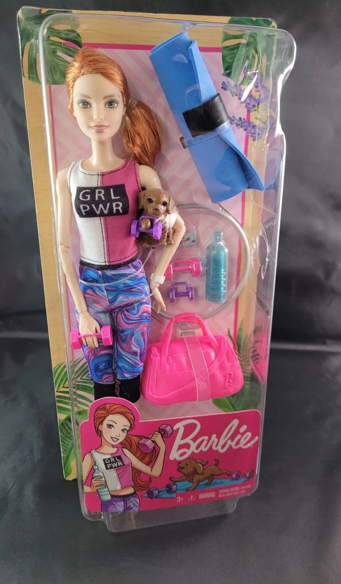 Barbie Fitness Doll, Red-Haired, with Puppy and 9 Accessories, Made To Move  2019