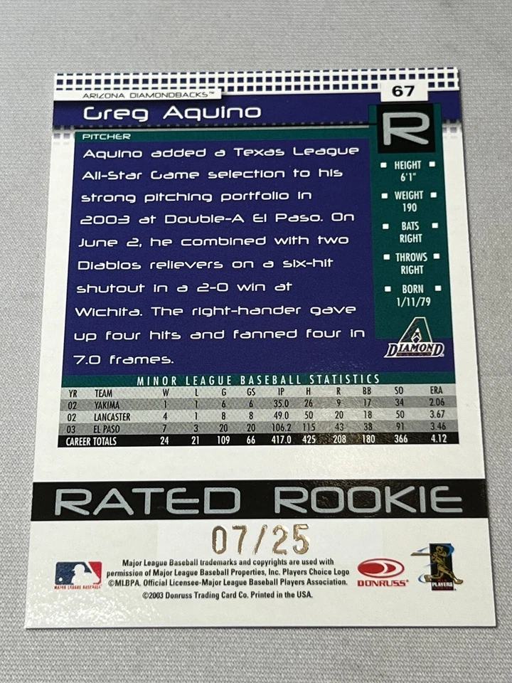 2004 Donruss Press Proofs Gold Parallel /25 Greg Aquino #67 - Image 2 of 4