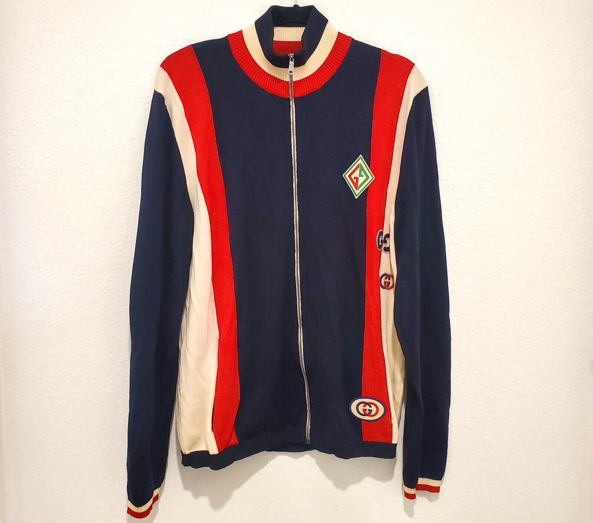 Authentic NWT Gucci Wool Knit Bomber Jacket Patch Logo Navy Red