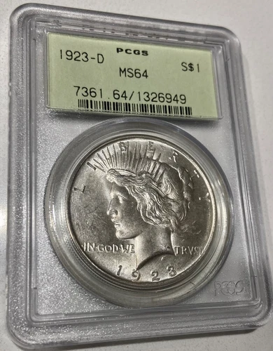 1923 D $1 PCGS MS 64 Peace Silver Dollar, Better Date Old Green Holder PQ Coin