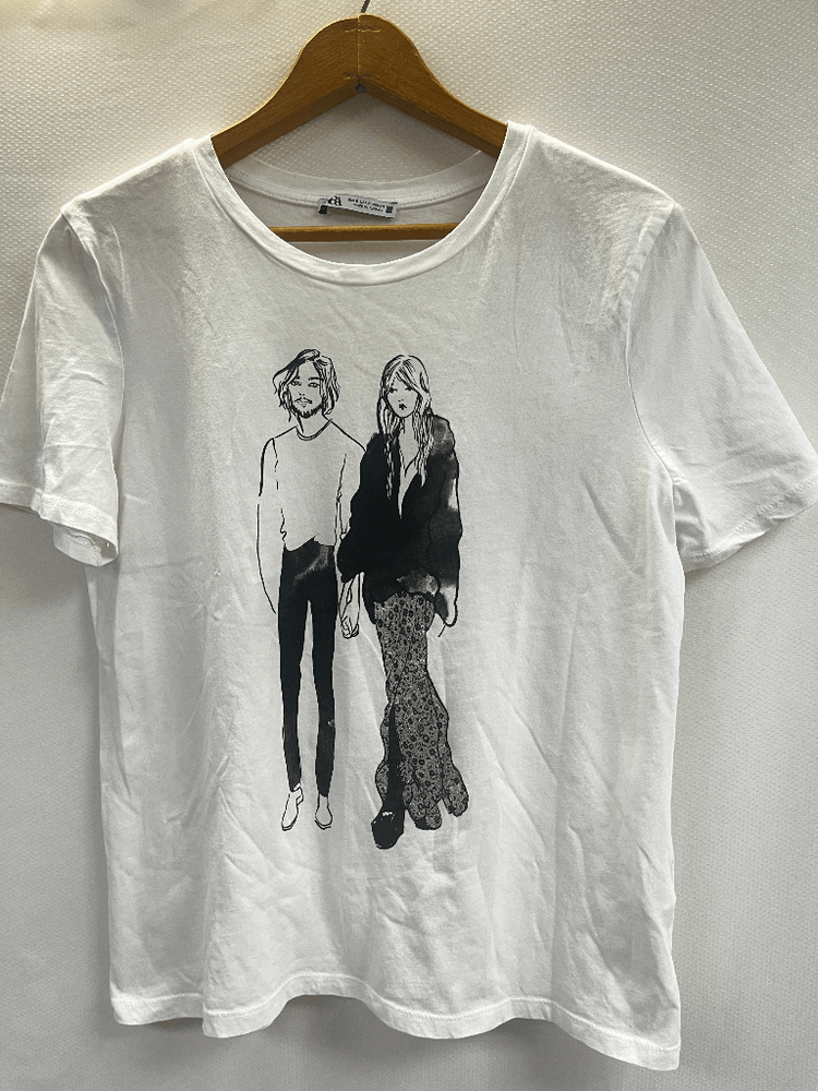 Zara Women's White Cotton Graphic Crew Neck Pullover T-Shirt Size S