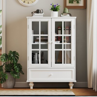 Kitchen Sideboard Wooden Buffet Display Cabinet with Glass Doors Storage Drawers