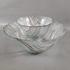 Vintage MCM Gold Stripes On Clear Textured Art Glass Chip Dip Bowl Set