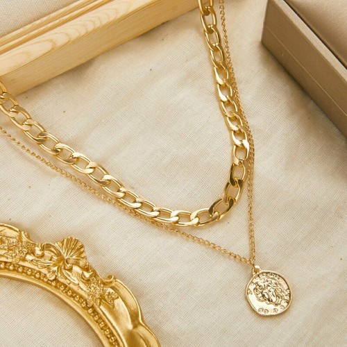 Simple Double Layered Jewelry Chunky Gold Chain Choker Coin Pendant Necklace New - Picture 3 of 7