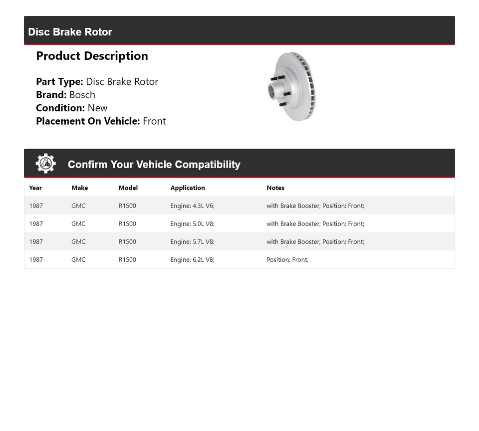 Rotor de freno de disco delantero para GMC R1500 1987 Bosch QuietCast Foto 2 de 4