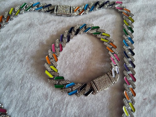 Modeschmuck-Set/Kette/Armband/Massiv/schwer/silberfarben/Strasssteine/neu - Bild 5 von 6