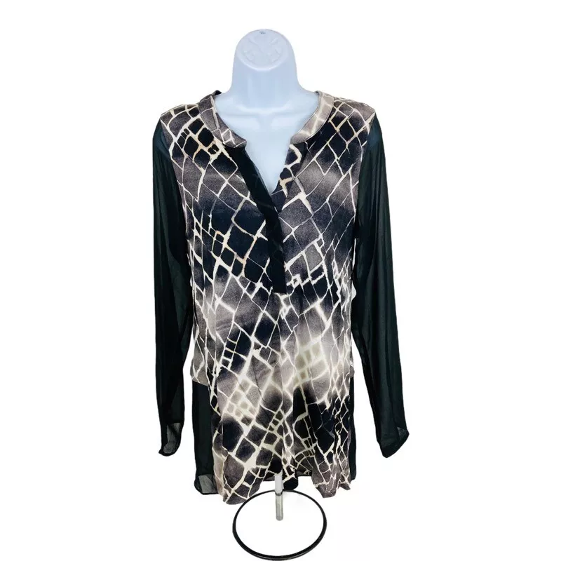 Simply Vera Vera Wang Womens Tunic Top Black Geometric Long Sleeve