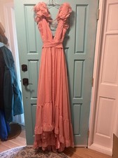 Mac Duggal Pink Ruffle Sleeve V Neck A Line Gown Coral Pink Adjustable Straps