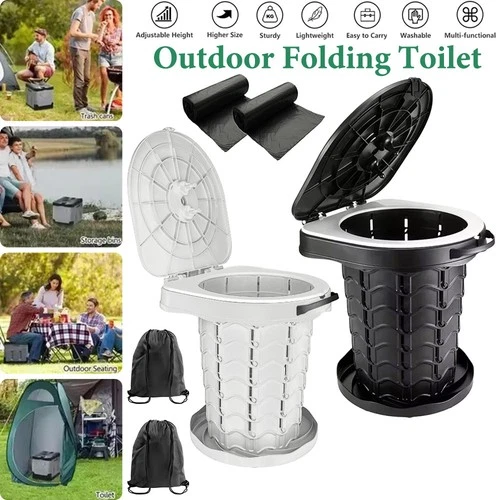 Folding Camping Toilet With Toilet Bags & Lid Adjustable Fishing Stool Seat