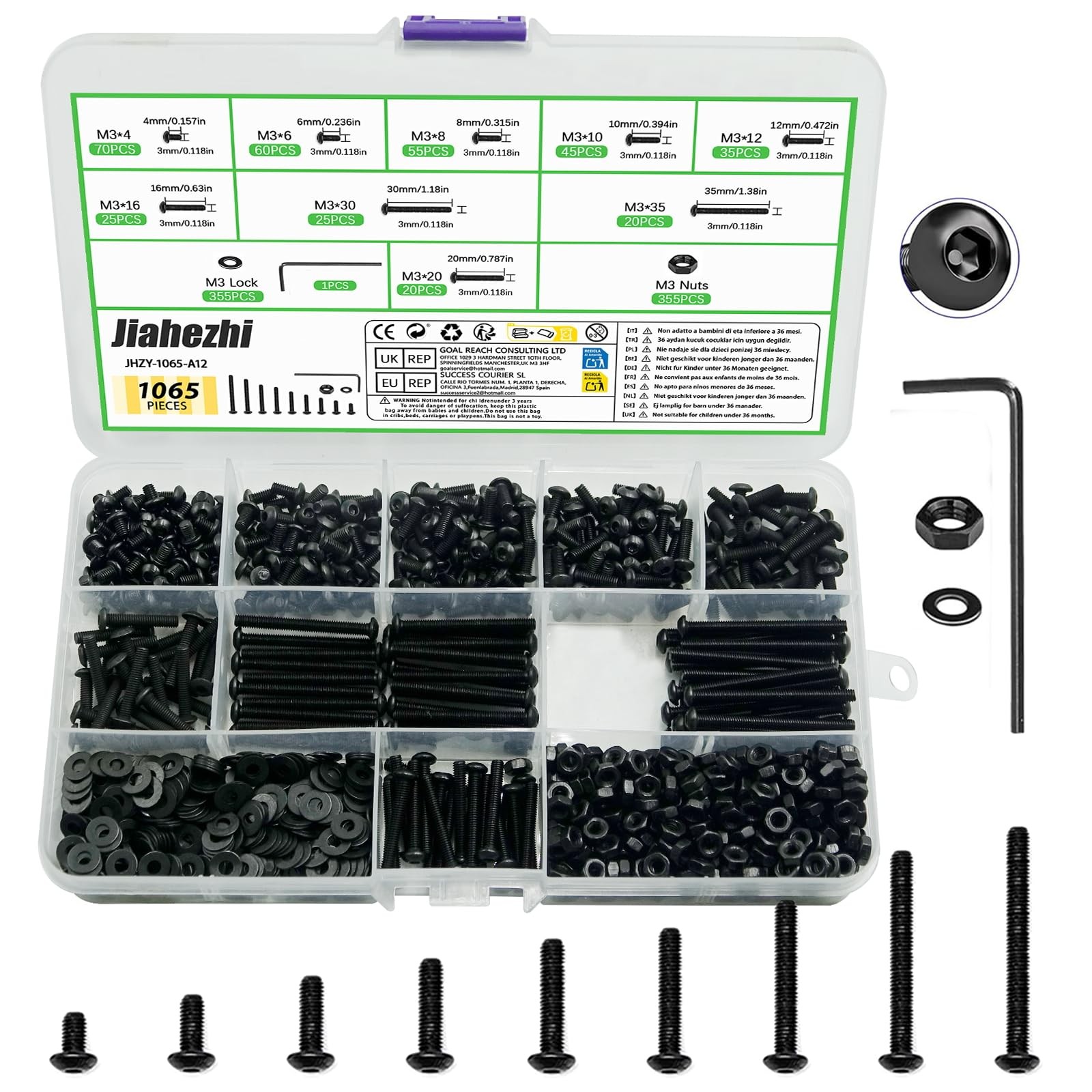 1065 Pcs M3 Hex Socket Screws Bolts Nuts Set with Washers