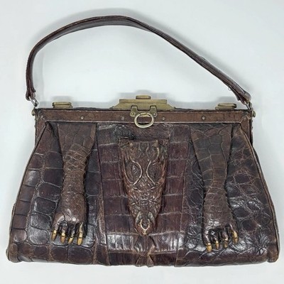 Vtg Alligator Skin Purse Bag Crocodile Head Body Legs Teeth Claws Brass Hardware