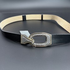 Chico s Leather Lined Black Belt M/L Silver Brass Hammered Hook Buckle NWT