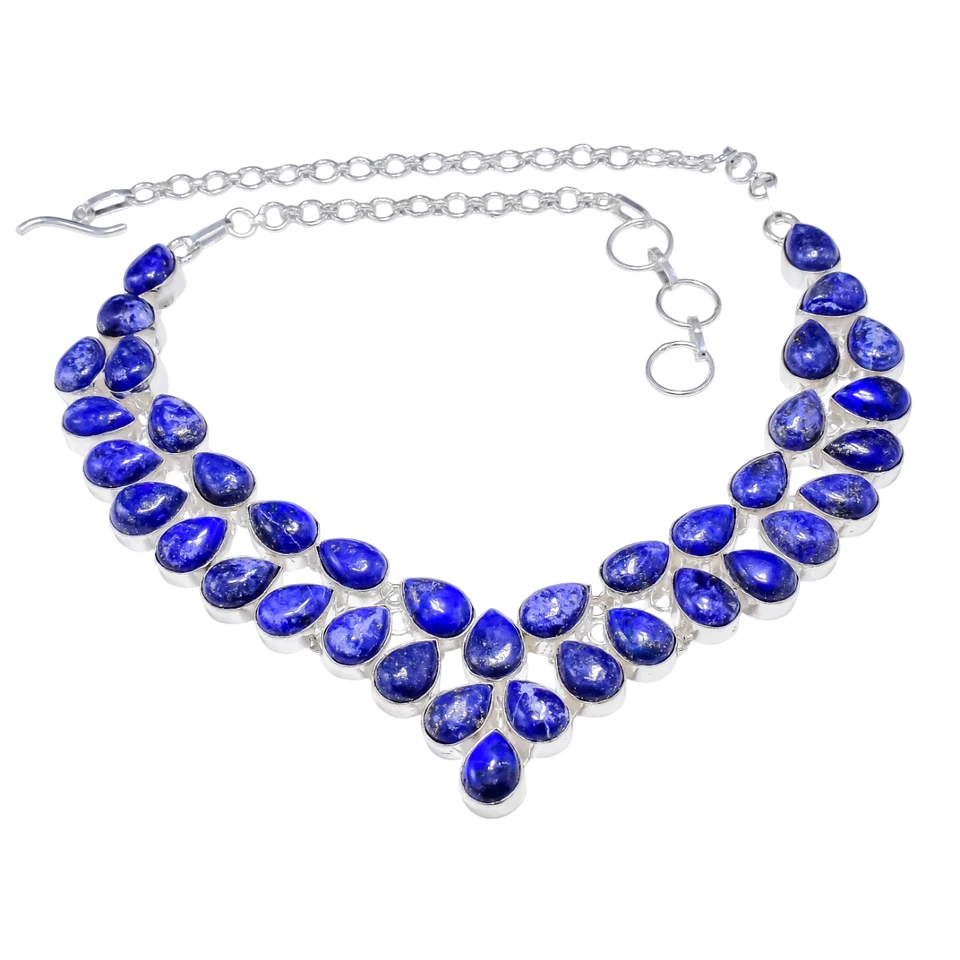 925 Sterling Silver Natural Lapis Lazuli Gemstone Jewelry Necklace Size-18" - Image 2 of 4