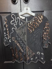 VINTAGE 100 Silk Black Multi Color Beaded Sequin Party Evening Top Sz M