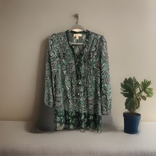 MICHAEL KORS DRESS, Blue Green Paisley Pattern, V Neck, Long Sleeves. Lovely!