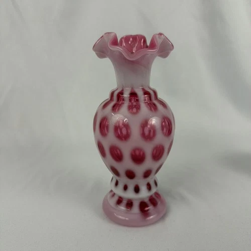Fenton Glass Cranberry Opalescent Coin Dot 6.75” Vase, Ruffled Top