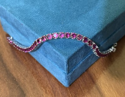 12.00 Ct Round Natural Red Ruby Diamond Tennis Bracelet 14K Real White Gold 7''