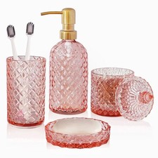 Pink Bathroom Accessories Set, 4Pcs Clear Glass Bathroom Set, Soap Dispenser ...