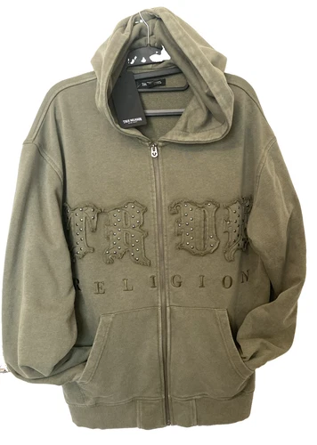 Men's True Religion Kalamata Olive Green Hooded Sweatshirt Studded Logo Hoodie S - product listing photo