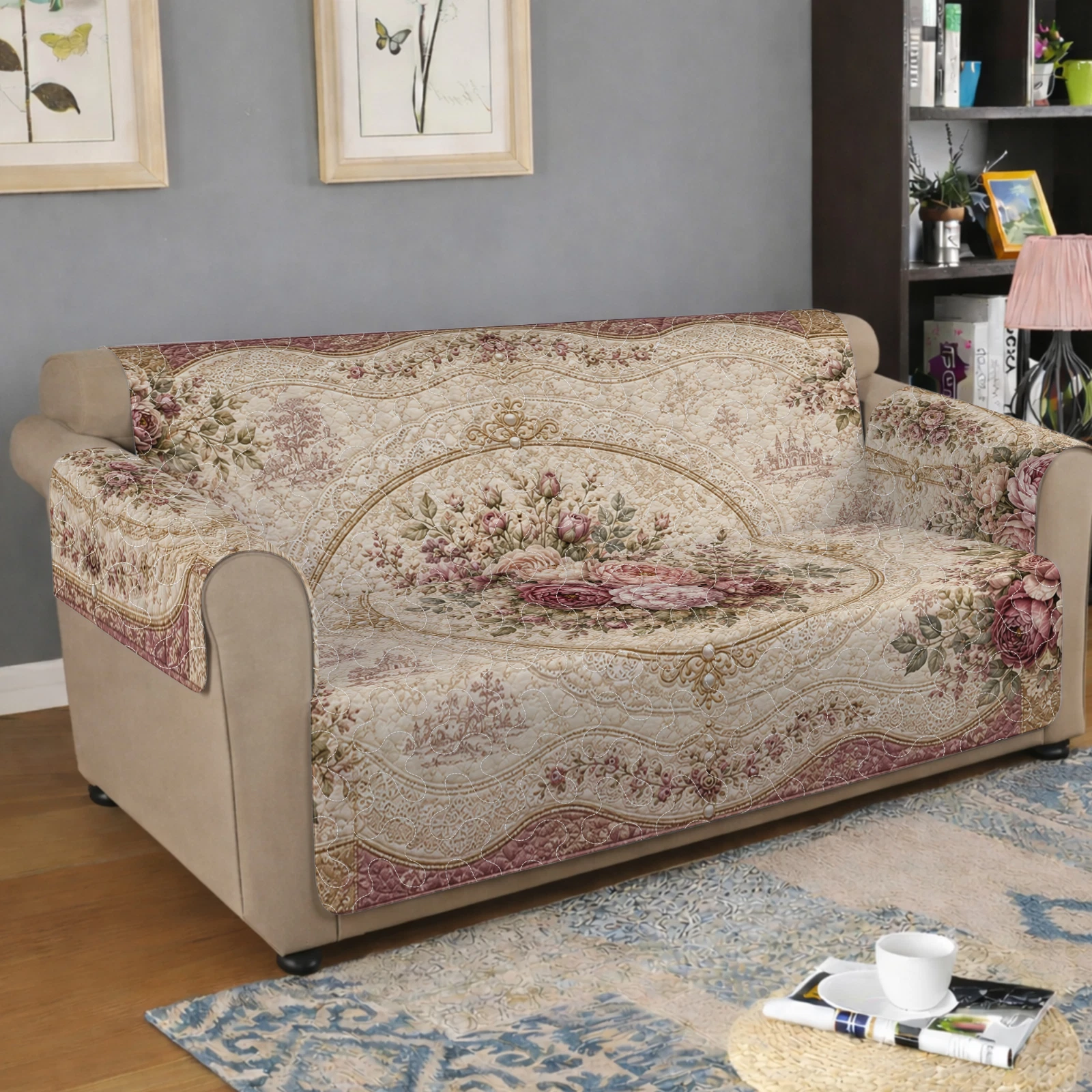 Quilted Sofa Cover Shabby Chic Rose Pattern Lace Border Couch Protector 033788