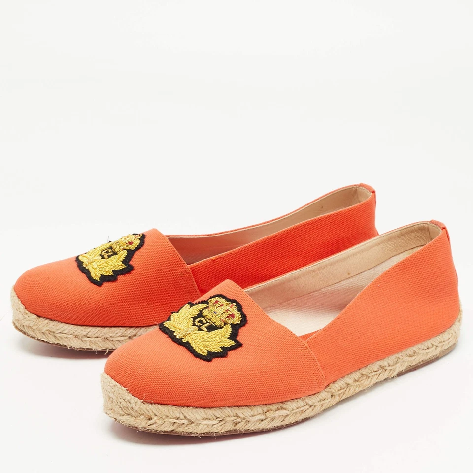 Mocassim Christian Louboutin laranja lona gala bordado brasão espadrille - Imagem 2 de 4