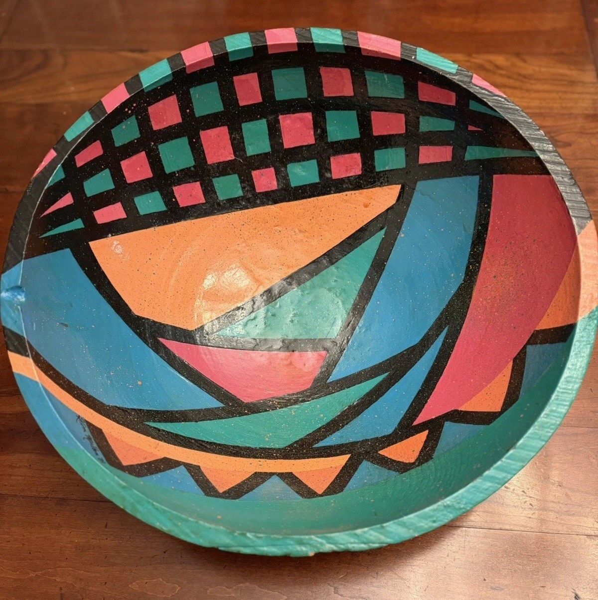 Hand-painted wood bowl signed by artist Kim Mullen, 1989, Memphis style