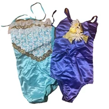 Vtg 2 Lot Dance Recital Costume Leotard Bodysuit Purple Sequins BlueRibbon