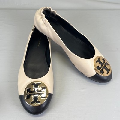 Tory Burch Claire Ballet Flats Womens Size 7.5 Cream Black Leather Cap Toe Shoes