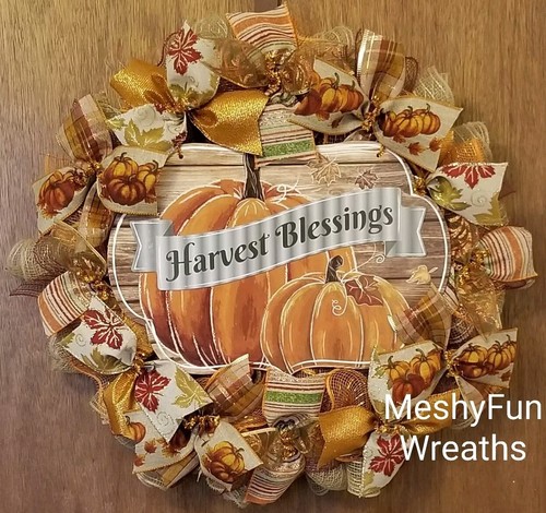 Fall Wreath Autumn Harvest Blessings Pumpkin Fall Deco Mesh Wreath