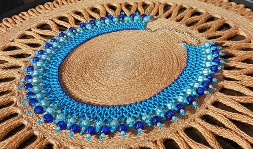 Unique Handmade Blue Pearl Beaded Necklace Designer Style Jewelry for Women - Picture 10 of 14