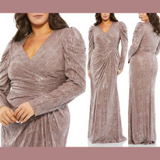 NWT 398 Mac Duggal PLUS 24W Faux Wrap Draped Puff Sleeve Gown Mauve G1603