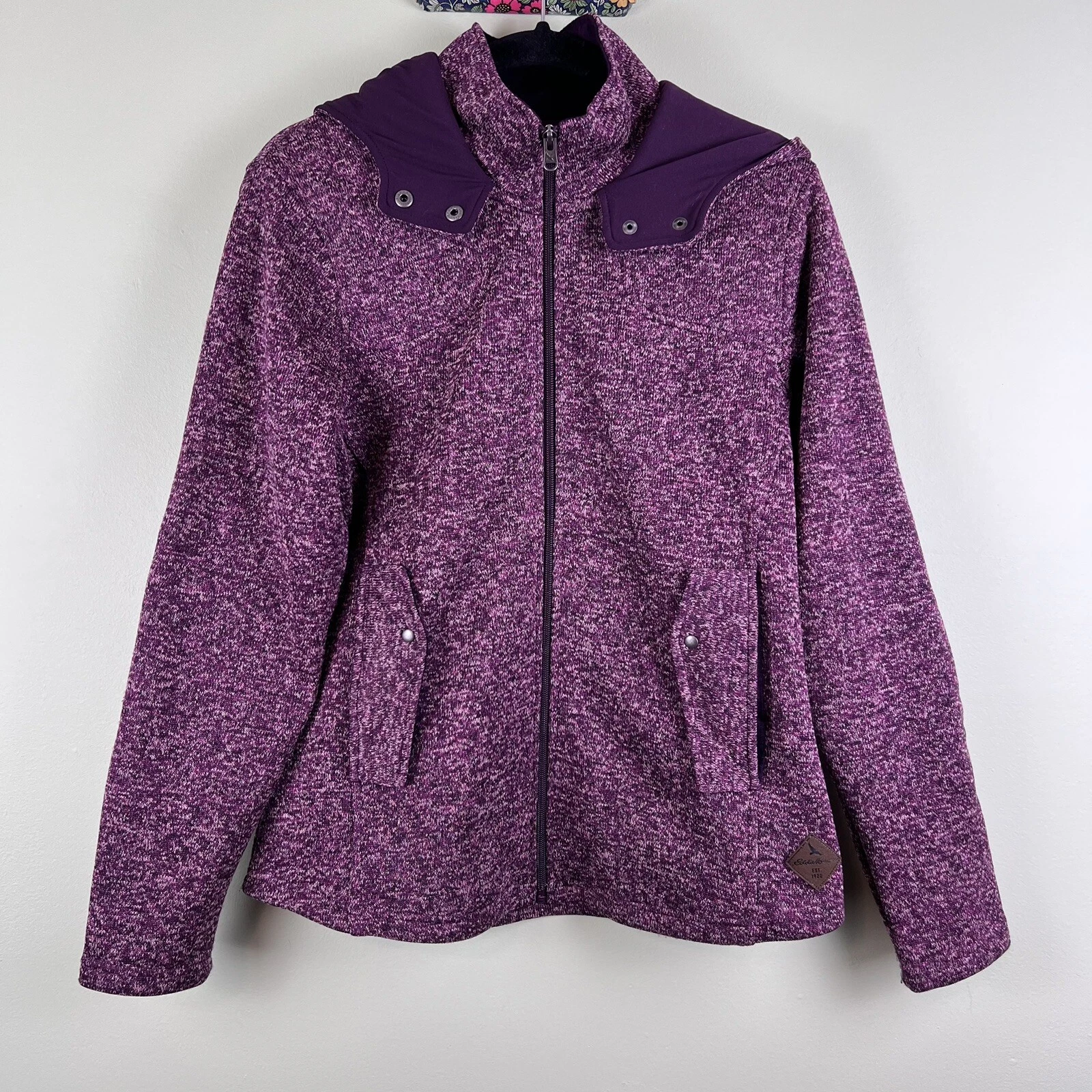 Eddie Bauer Sz Large Purple Hooded Full Zip Knit High Neck Sweatshirt Jacket